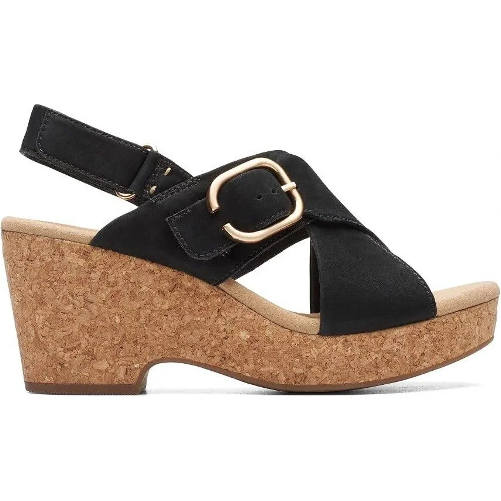 Clarks Giselle Dove Womens Sandals Black Nubuck Leather Wedge 9 Wide NWT